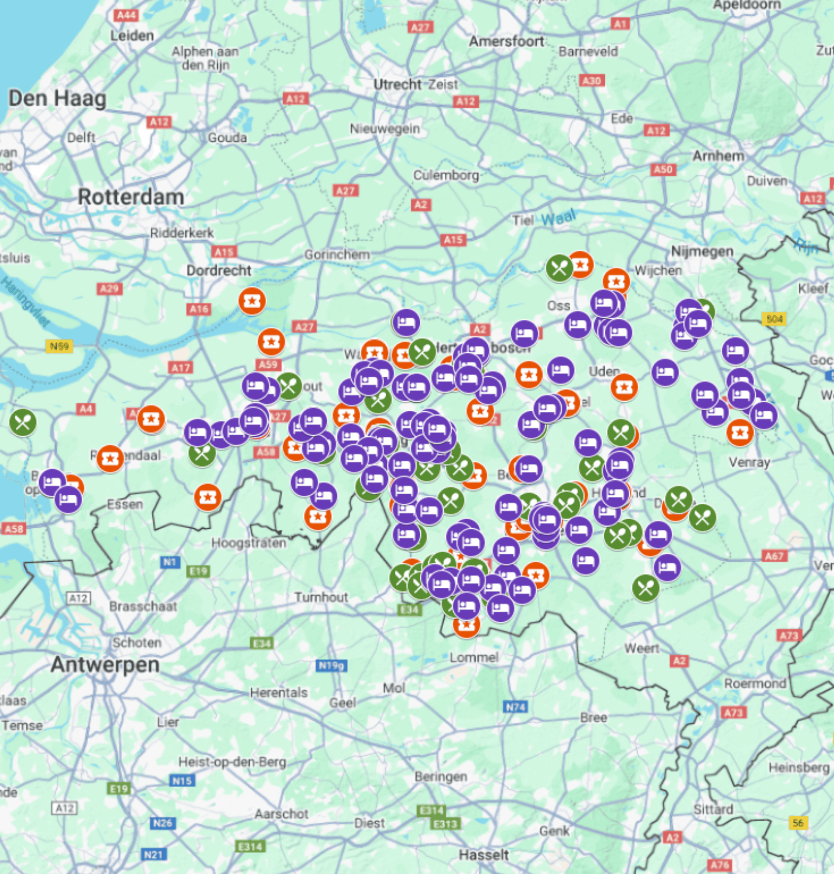 Kaart van brabant met alle partners van Brabant Partners aangegeven.