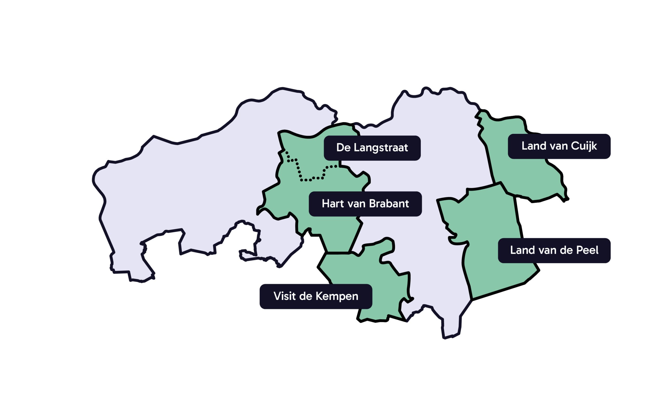 Kaart van Brabant met deelnemende RegioBoost-regio’s gemarkeerd: De Langstraat, Hart van Brabant, Visit de Kempen, Land van Cuijk en Land van de Peel.