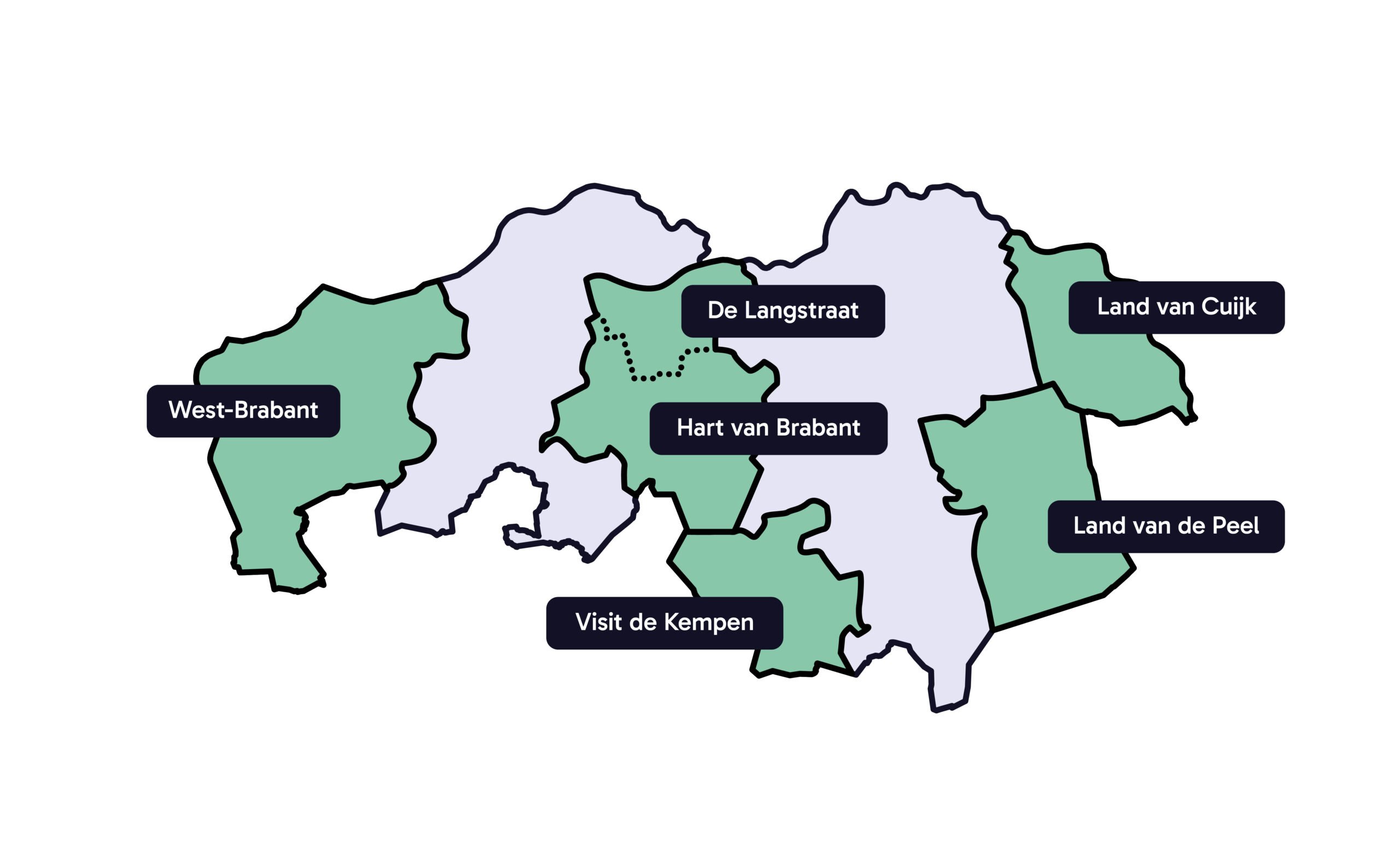 Kaartje van Brabant met de regio's gemarkeerd waar al een RegioBoost heeft plaatsgevonden