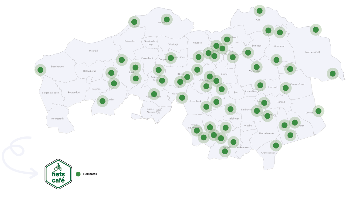 Kaart van Brabant met locaties van fietscafés gemarkeerd met groene stippen in diverse gemeenten.