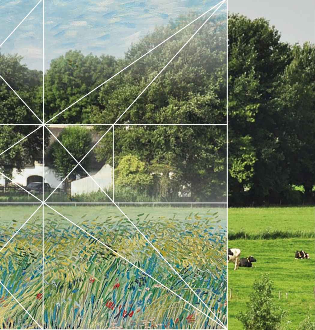 Combinatie van landschap in Brabant met schilderachtige weide en echte koeien, deels bewerkt in stijl van Van Gogh.