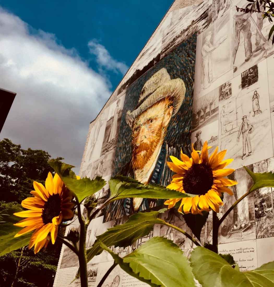 Zonnebloemen voor een muurschildering van Vincent van Gogh in Brabant met schetsen van zijn kunstwerken.