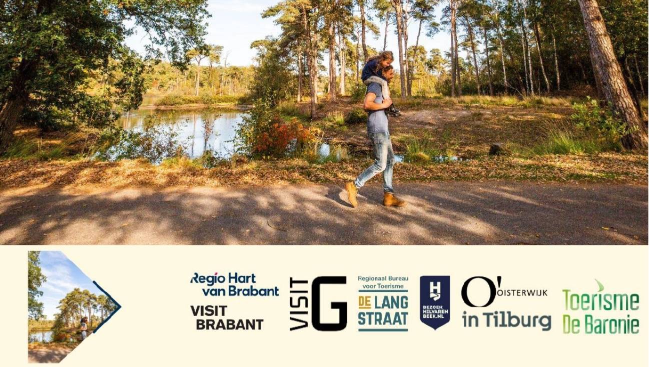 Voorblad van de kick-off presentatie Regioboost Hart van Brabant met wandelbeeld in Brabants bos en logo’s van toerismeorganisaties.