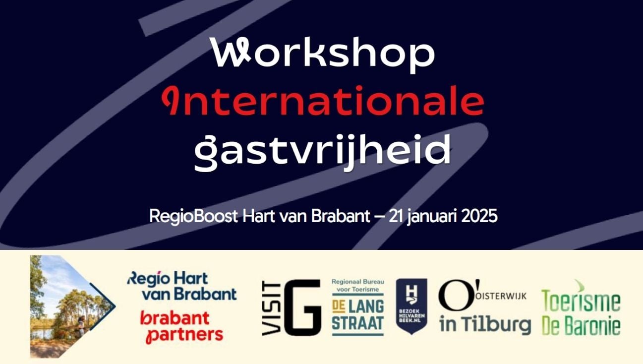 Voorblad presentatie Workshop Internationale Gastvrijheid met titel in rood en wit en partnerlogo’s RegioBoost Hart van Brabant onderaan.